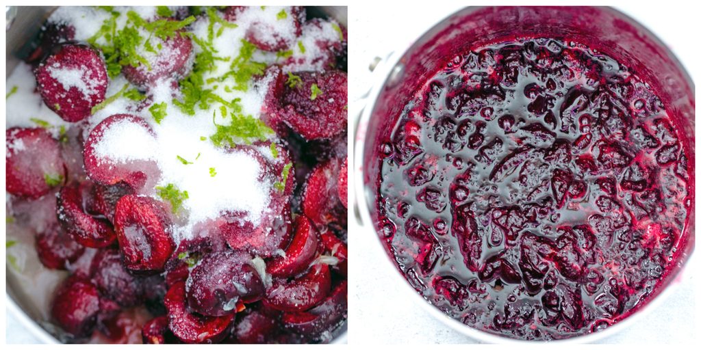 Collage showing process for making cherry lime jam, including cherries, sugar, and lime zest in saucepan and jam formed in saucepan