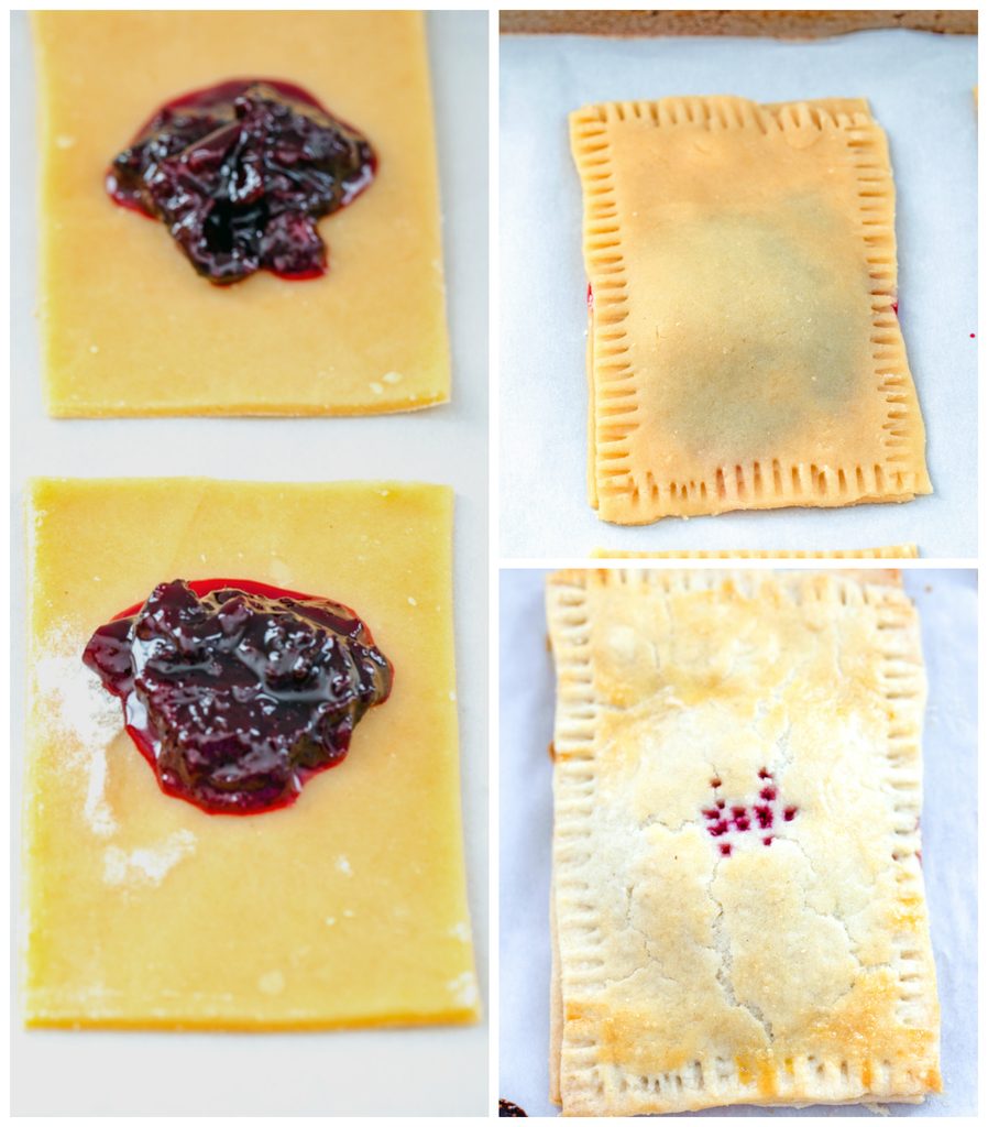 Collage showing process for assembling cherry lime pop tarts, including dough cut into rectangles with cherry lime jam on it, pop tart formed with crimped edges, and pop tart baked and just out of the oven