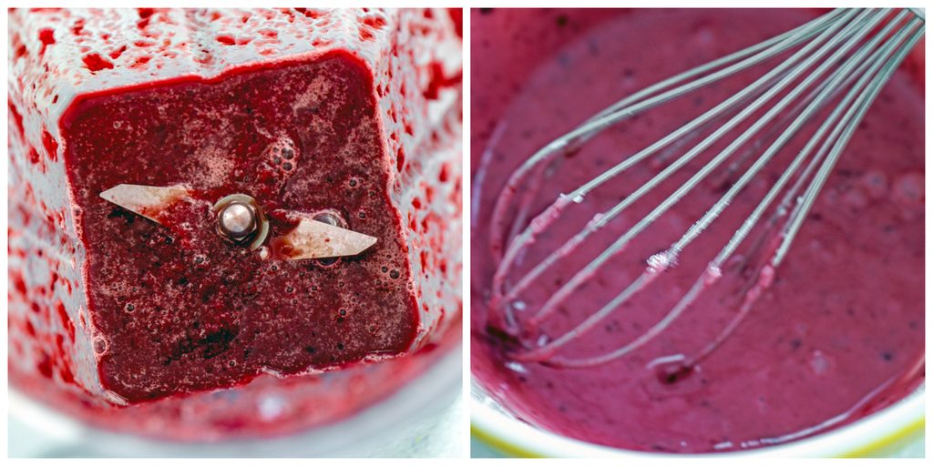 Collage showing process for making cherry icing, including cherries and milk pureed in blender and cherry icing in mixing bowl with whisk