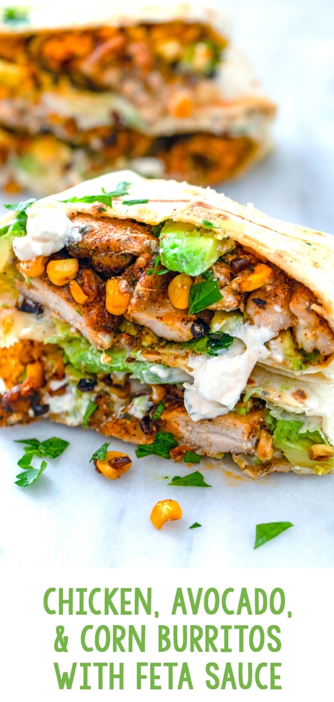 Chicken, Avocado, and Corn Burritos with Feta Sauce -- These Chicken, Avocado, and Corn Burritos are topped with feta sauce and make for a fresh and flavorful weeknight dinner that's incredibly quick and easy! | wearenotmartha.com