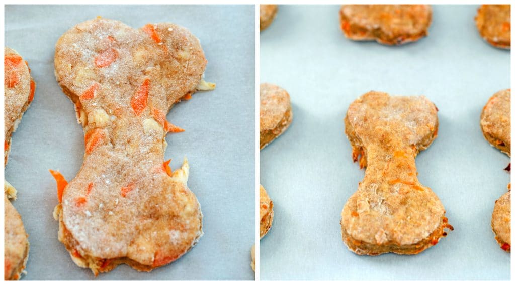 A collage with one photo showing homemade chicken dog treat on a parchment lined baking sheet before baking and one photo showing dog treat after it's baked