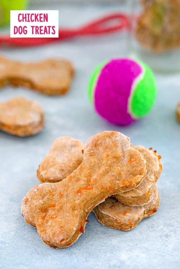 Head-on view of chicken dog treats stacked together with more in the background, along with a tennis ball and leash and "Chicken Dog Treats" text at the top of the photo