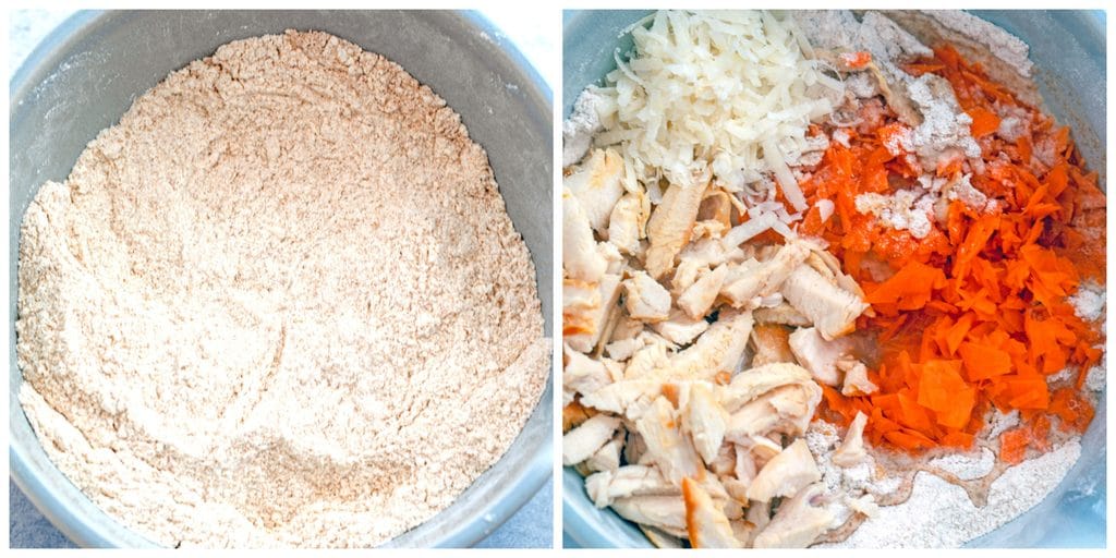 Collage showing a bowl with flours and evaporated milk and a bowl with chicken, parmesan cheese, carrots, and egg with flour