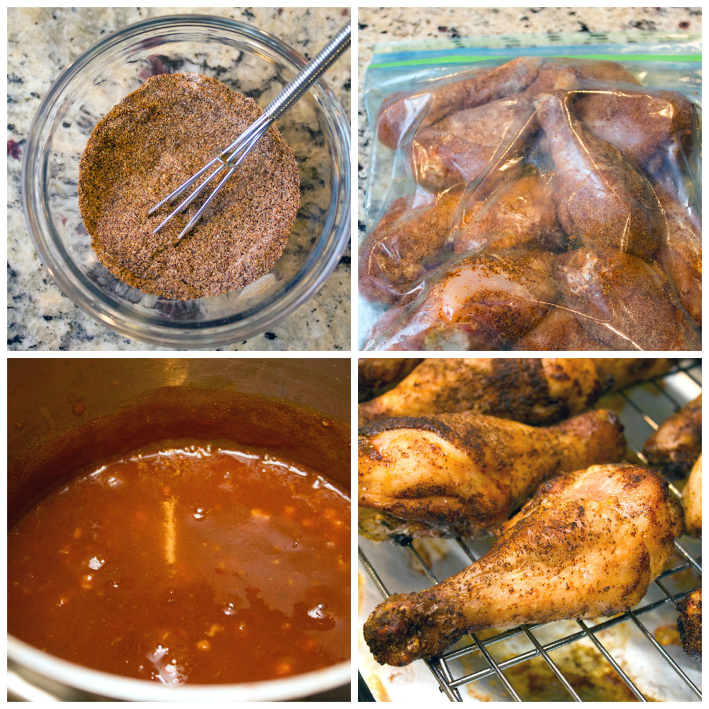 A collage showing spicy Thai chicken drumstick making process, including a bowl with Thai spices, bag filled with chicken drumsticks marinating, spicy sriracha sauce, and drumsticks on baking rack