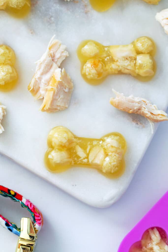 Overhead view of multiple bone-shaped chicken jello for dogs with shredded chicken breast, dog collar, and bone molds