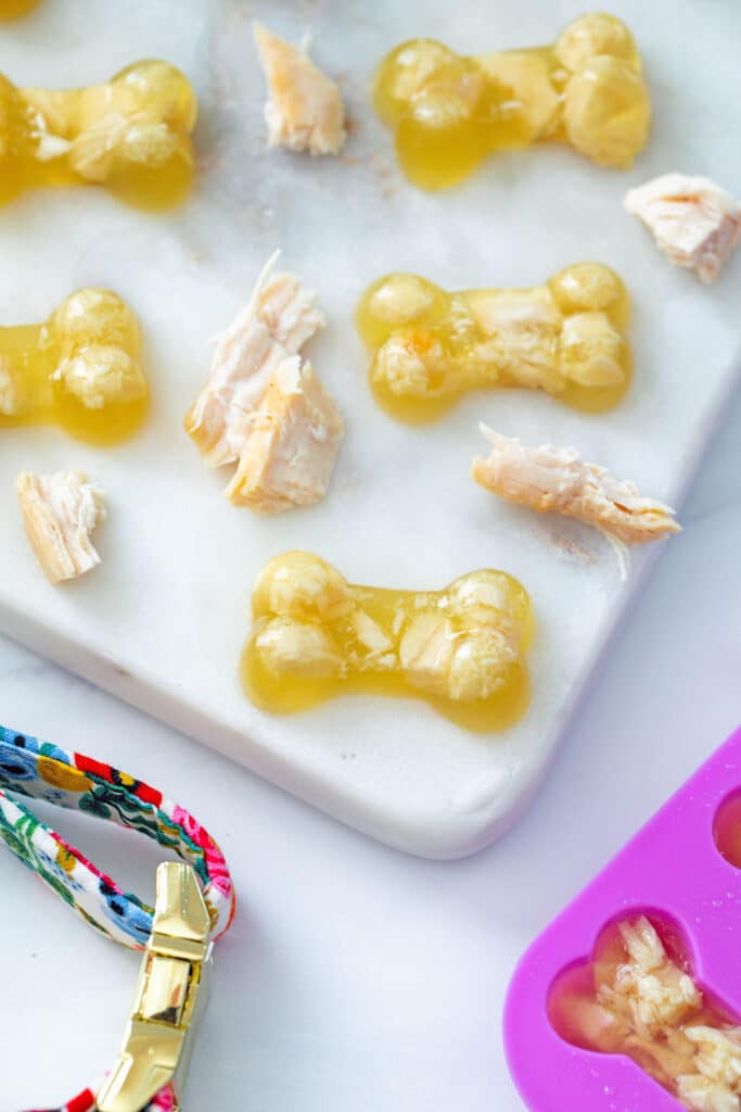 Bird's eye view of bone-shaped chicken jello for dogs on a marble platter with shredded chicken breast, dog collar, and silicone bone molds in background