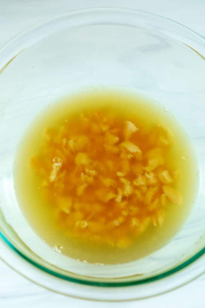 Gelatin and chicken broth with shredded chicken in it