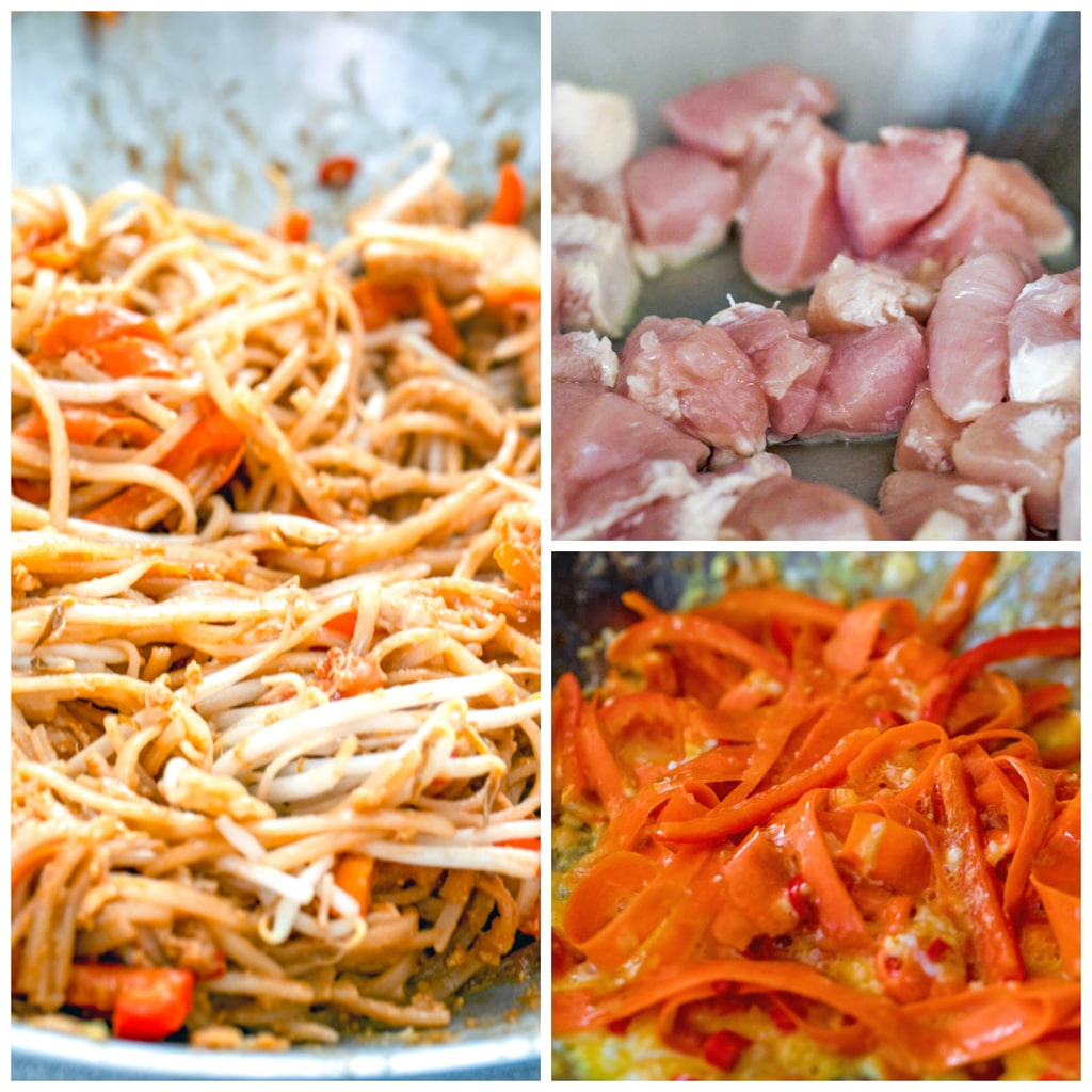 Collage showing cooking process, including chicken cooking in a wok, carrots and peppers cooking in the wok, and noodles and bean sprouts cooking with the vegetables in the wok