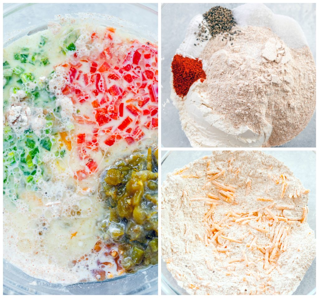 Collage showing process for making chili cheddar bread, including dry ingredients in mixing bowl, dry ingredients mixed together with shredded cheddar, and wet ingredients poured over dry ingredients