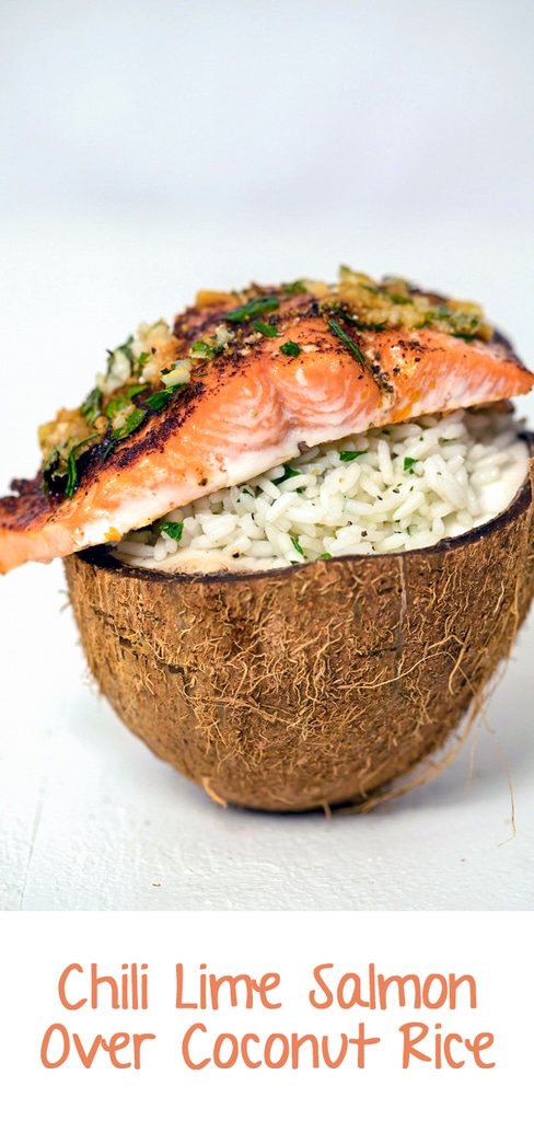 Chili Lime Salmon Over Coconut Rice -- This Chili Lime Salmon Over Coconut Rice is a super simple weeknight dinner that's easy, healthy, and delicious. Serve it in a coconut half if you want to impress, but it's just as tasty on a plate!| wearenotmartha.com #salmon #chili #lime #coconut #rice