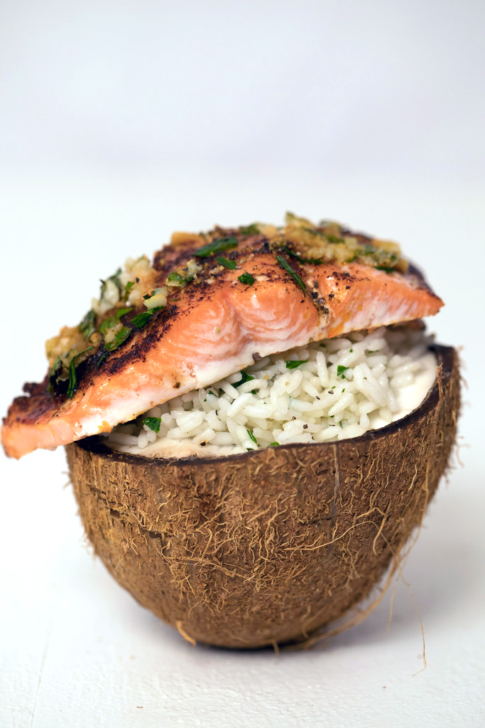 image of Chili Lime Salmon Over Coconut Rice recipe by We Are Not Martha