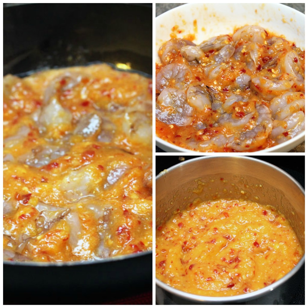 A collage showing the making of chili mango shrimp, including mango puree and chili sauce cooking, shrimp marinating in sauce, and shrimp being cooked in sauce