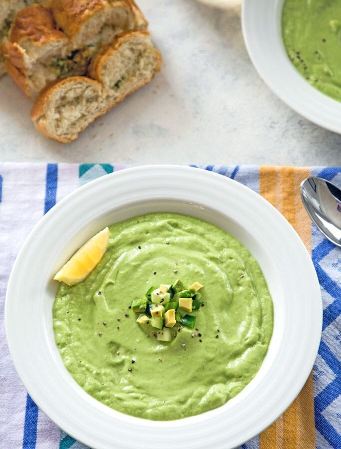 Chilled Avocado Soup -- Looking for a cold soup alternative to gazpacho? This Cold Avocado Soup is packed with flavor and satisfying enough as a meal all on its own. It will only take you minutes to prepare and doesn't require turning your oven on... Summer heaven | wearenotmartha.com