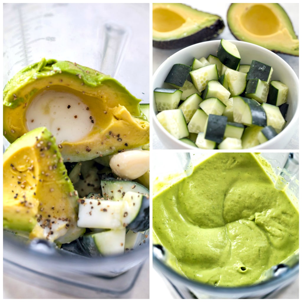 Collage of cold avocado soup making process, including all ingredients in a blender, bowl of chopped cucumbers, and all ingredients blended in blender