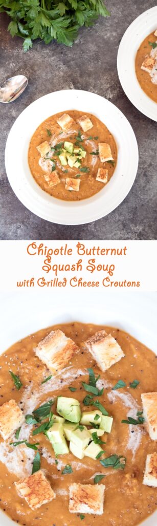 Chipotle Butternut Squash Soup -- A totally satisfying spicy fall soup, topped with grilled cheese croutons | wearenotmartha.com Chipotle Butternut Squash Soup -- A totally satisfying spicy fall soup, topped with grilled cheese croutons | wearenotmartha.com
