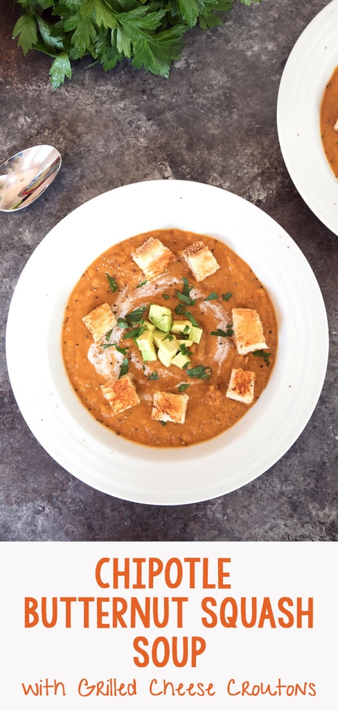 Chipotle Butternut Squash Soup with Grilled Cheese Croutons -- Chipotle Butternut Squash Soup is perfectly spicy, delightfully creamy, and fully satisfying. The grilled cheese croutons are a not totally necessary, but much welcomed garnish (hint: you should make them) | wearenotmartha.com #soup #butternutsquash #grilledcheese #chipotle