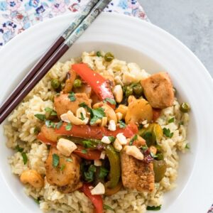 Chipotle Chicken with Cashews -- This dinner may have an extensive ingredient list, but it's incredibly quick and easy to make. It takes a traditional cashew chicken and gives it a fun twist with chipotle peppers and more | wearenotmartha.com