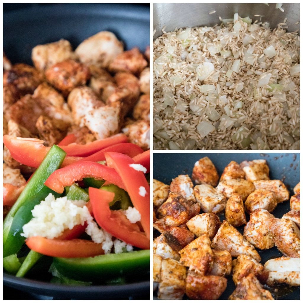 Collage showing process for making chipotle chicken with cashews, including rice and onions cooking, chipotle chicken cooking in skillet, and chipotle chicken with peppers and garlic in skillet