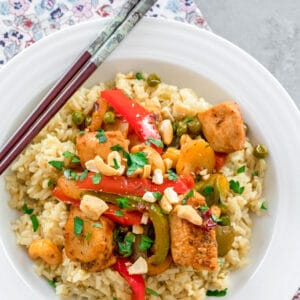 Chipotle Chicken with Cashews -- A traditional cashew chicken is given a fun twist with chipotle peppers and more for a quick and easy weeknight dinner | wearenotmartha.com