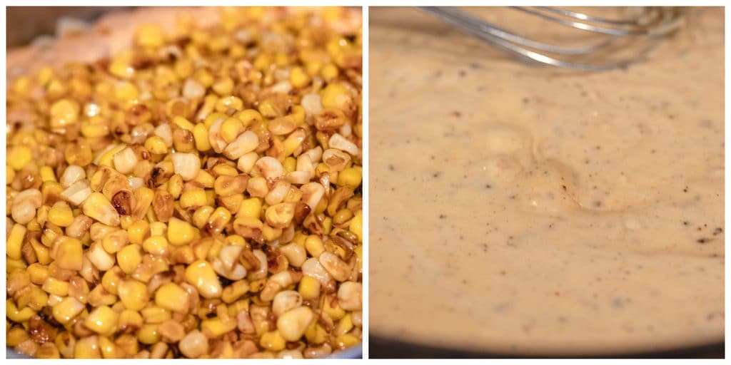 Collage showing corn being charred in pan in one photo and cream sauce being whisked in second photo