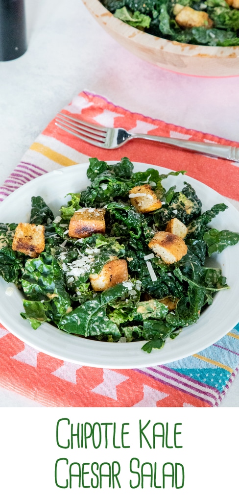Chipotle Kale Caesar Salad -- This salad is packed with all the flavor of a Caesar salad, with a little extra nutrition from the kale and a nice spicy kick from chipotle peppers | wearenotmartha.com #caesar #salad #kale #chipotle #croutons
