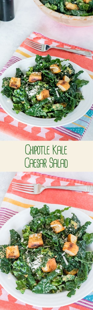 Chipotle Kale Caesar Salad -- This salad is packed with all the flavor of a Caesar salad, with a little extra nutrition from the kale and a nice spicy kick from chipotle peppers | wearenotmartha.com #caesar #salad #kale #chipotle #croutons
