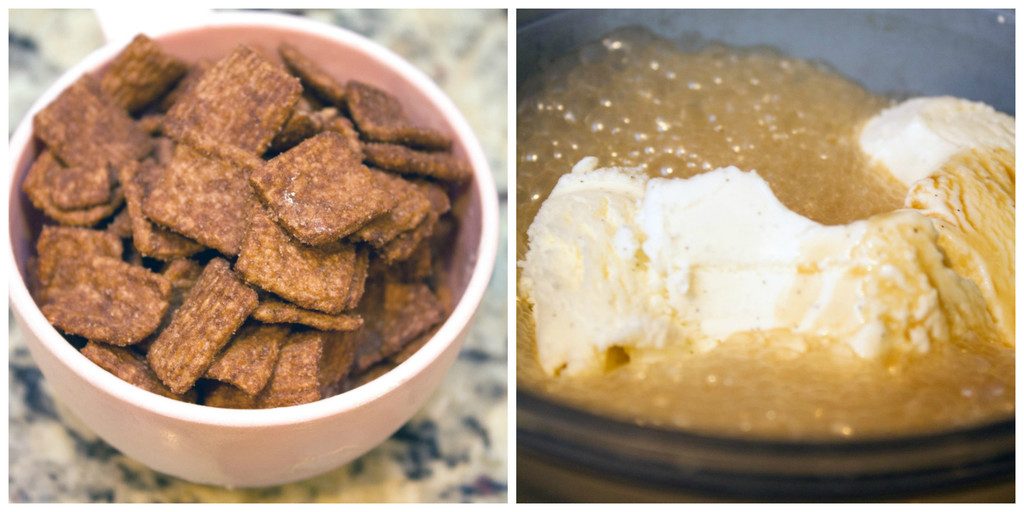 One photo of Chocolate Cinnamon Crunch Toast in a measuring cup and another of ice cream and stout in blender