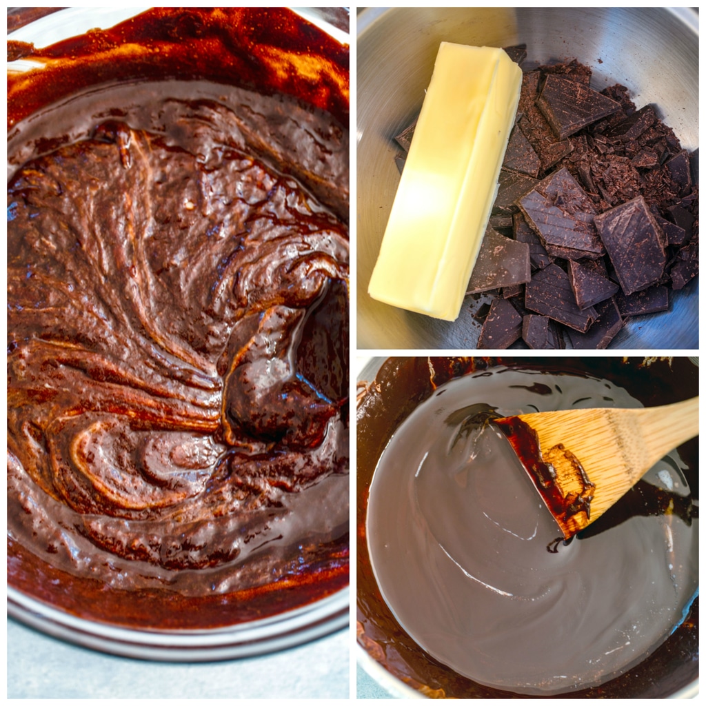 Collage showing the process for making chocolate batter, including melting chocolate and butter in a saucepan, the chocolate smoothly melted, and the chocolate mixed into the base batter