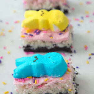 Chocolate Brownie Coconut Peeps Bars -- The perfect Easter or just plain spring celebrating treat! | wearenotmartha.com
