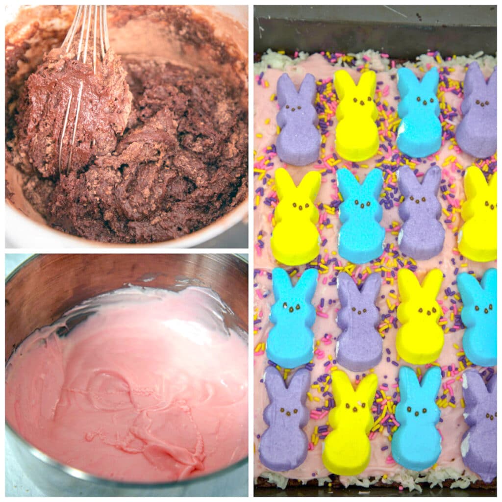 Collage showing process for making Peeps brownie bars, including mixing chocolate brownie batter, melting pink white chocolate for topping, and Peeps bars with marshmallow Peeps layered on top