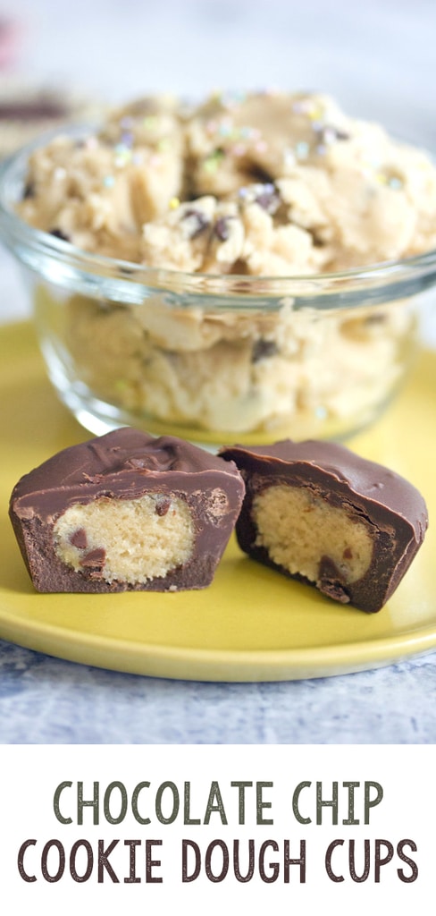 Chocolate Chip Cookie Dough Cups -- Whether you need a quick and easy dessert or you're just craving raw cookie dough and chocolate (who isn't??), these Chocolate Chip Cookie Dough Cups are the perfect treat! | wearenotmartha.com #cookiedough #cookiedoughcups #truffles #chocolate #foodgifts