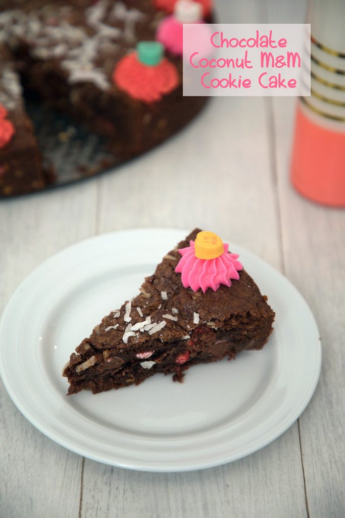 Chocolate Coconut M&M Cookie Cake is part cookie part cake and part brownie -- The perfect Valentine's Day dessert! | wearenotmartha.com