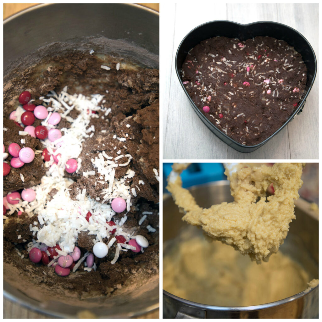 Collage showing the making of the batter for the Chocolate Coconut M&M Cookie Cake 