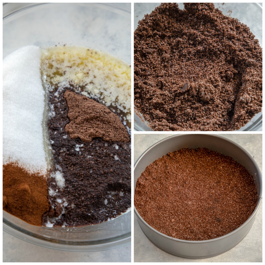 Collage showing chocolate crust making process, including bowl with crushed graham crackers, sugar, coffee, and melted butter, a bowl with all of the ingredients mixed together, and the ingredients pressed into the bottom of a springform pan