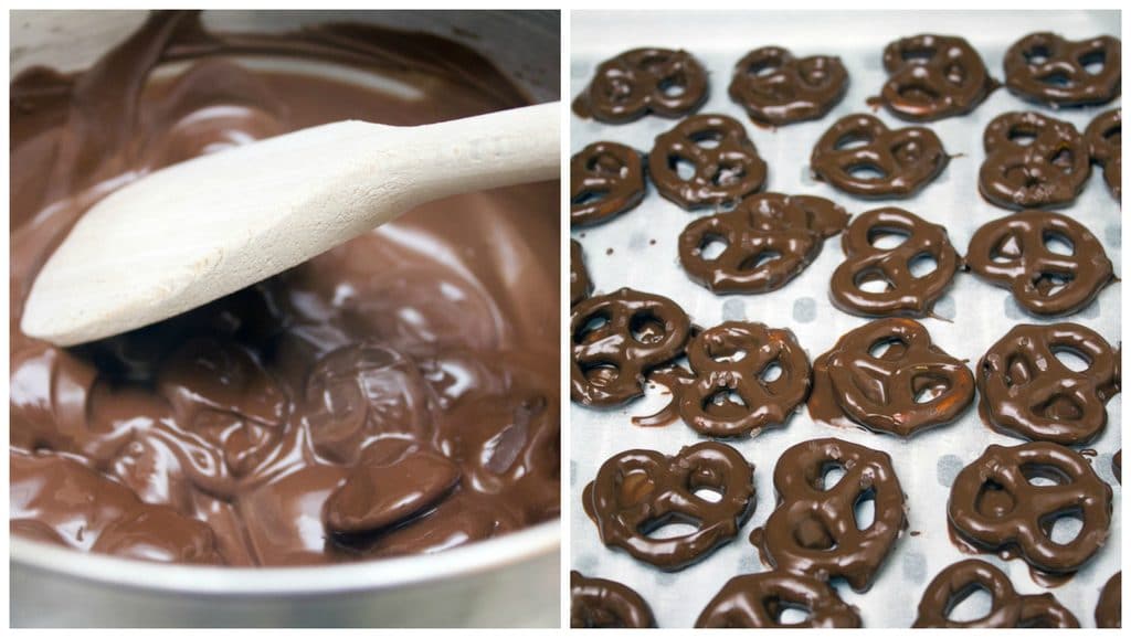 Collage showing chocolate wafers being melted and stirred in a saucepan and pretzels covered in chocolate drying on a baking sheet