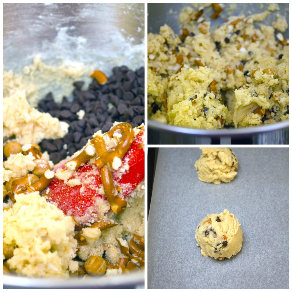 Collage showing cookie making process, including batter being combined and cookies formed on baking sheet