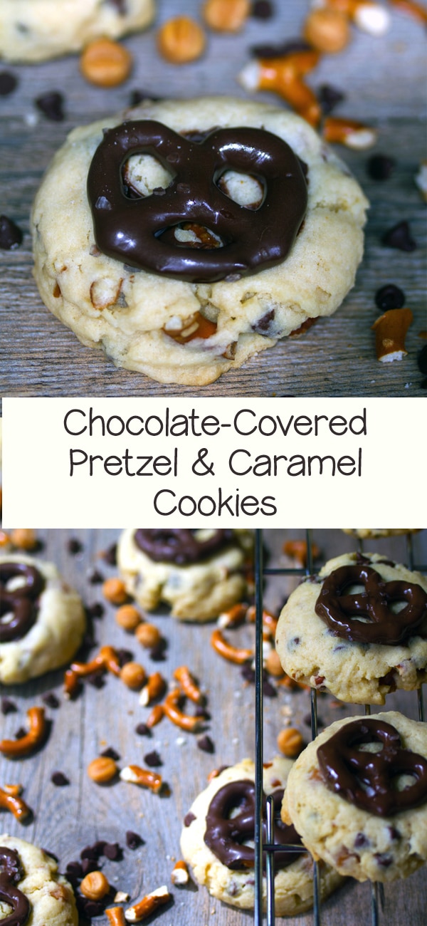 Chocolate-Covered Pretzel Cookies with Caramel -- Even if you're not the biggest pretzel fan (raises hand), you will absolutely love these cookies! Packed with chocolate, pretzels, and caramel bits, they're fully loaded | wearenotmartha.com #cookies #prezels #chocolate #caramel