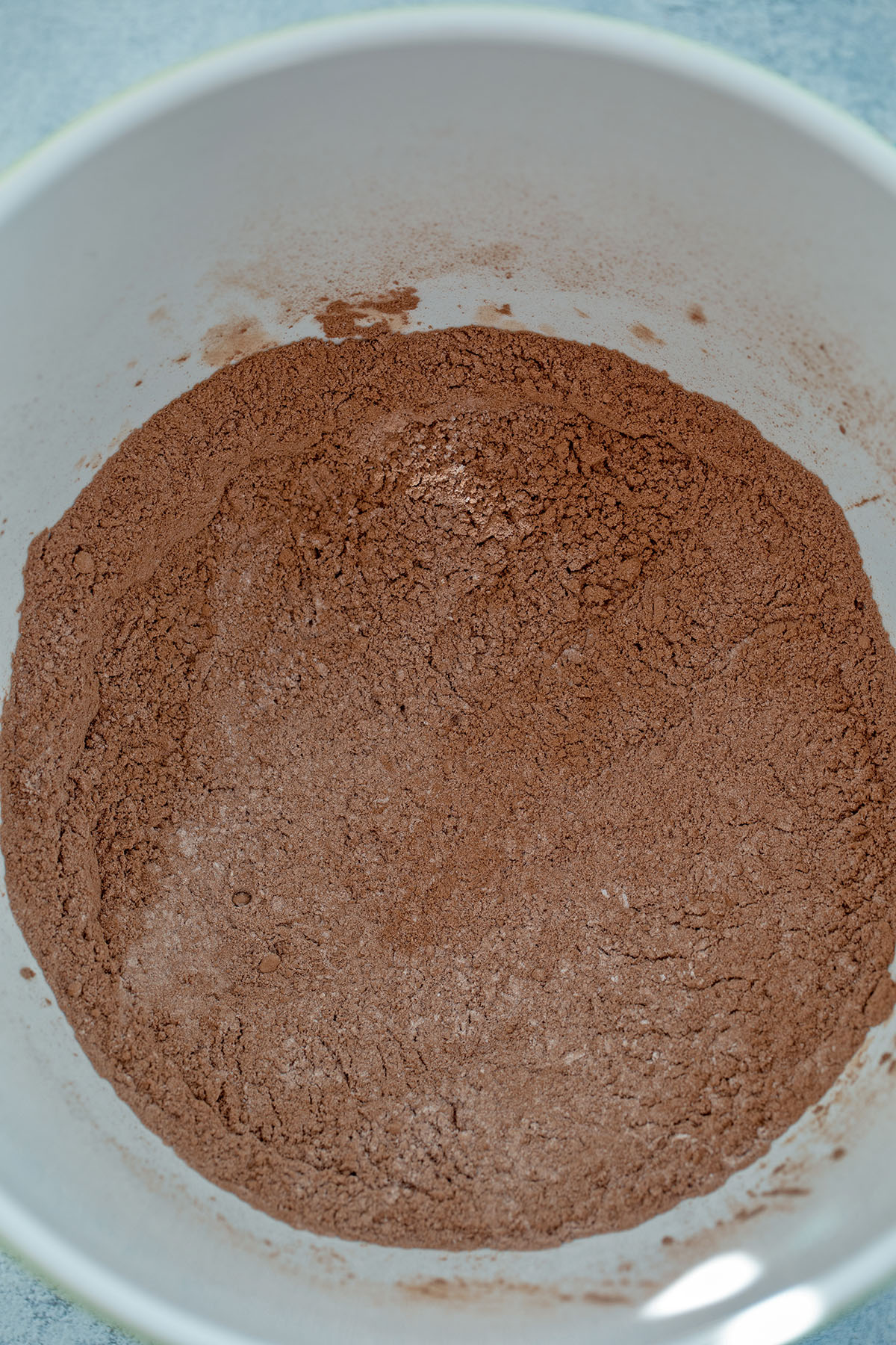 Flour, cocoa powder, and dry ingredients in mixing bowl.