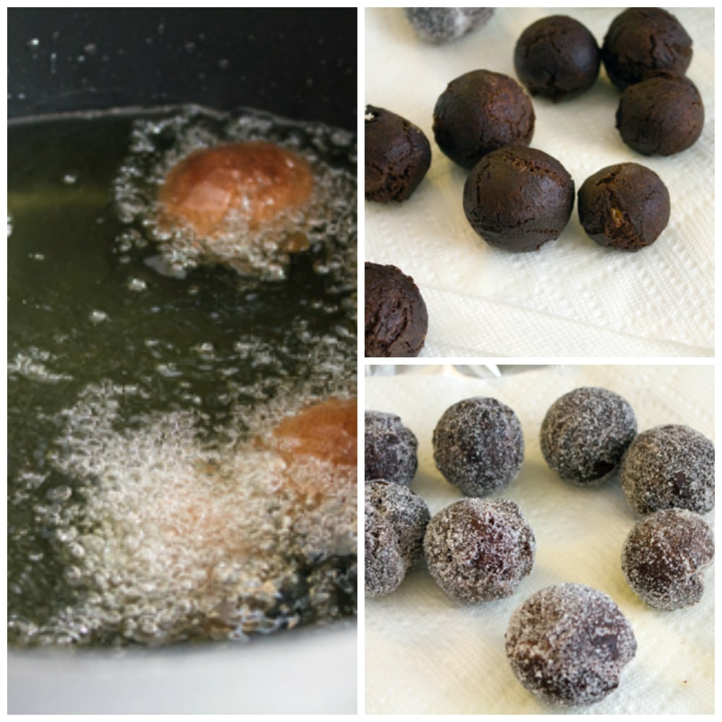 Collage showing doughnut hole frying process, including doughnuts being fried in hot oil, doughnut holes cooling on paper towel, and cooleddoughnut holes coated in sugar