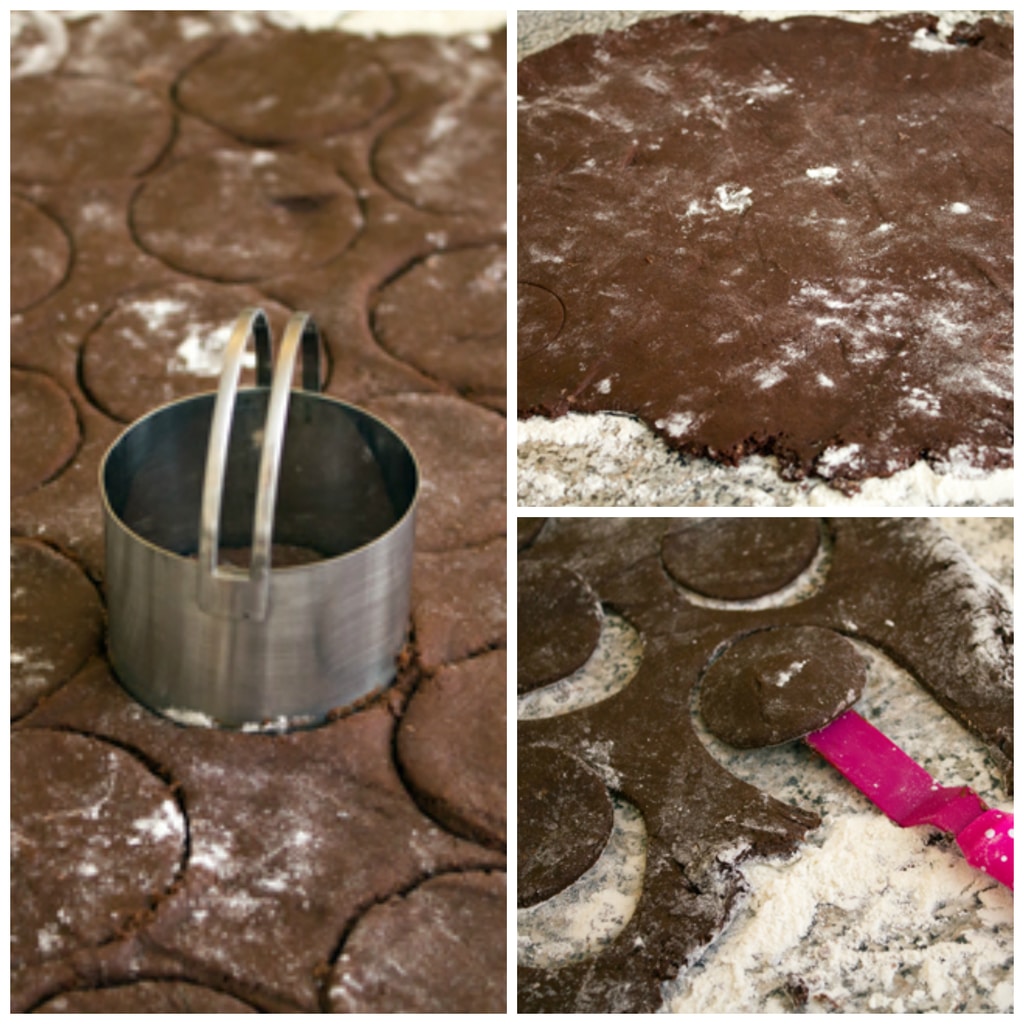 Collage showing process of rolling out chocolate doughnut dough and cutting dough rounds