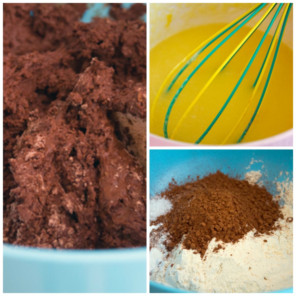 Collage showing the process of making the chocolate doughnut dough, including combining eggs and sugar, flour and cocoa powder, and combining them together