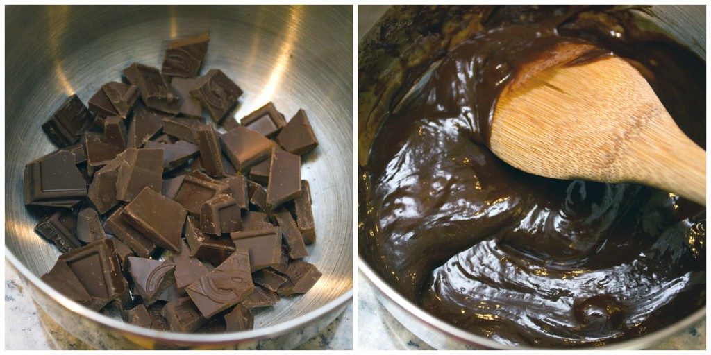 Collage showing process for making chocolate ganache, including chopped chocolate in bowl and cream mixed into chocolate and being stirred into ganache