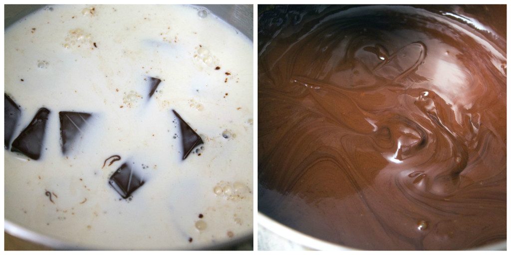 Collage showing process for making chocolate ganache, including hot cream poured over chopped chocolate in bowl and chocolate ganache smooth in bowl