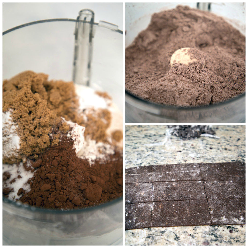 Collage showing process for making chocolate graham crackers, including dry ingredients in food processor, dry ingredients mixed together in food processor, and chocolate graham cracker dough rolled out and sliced