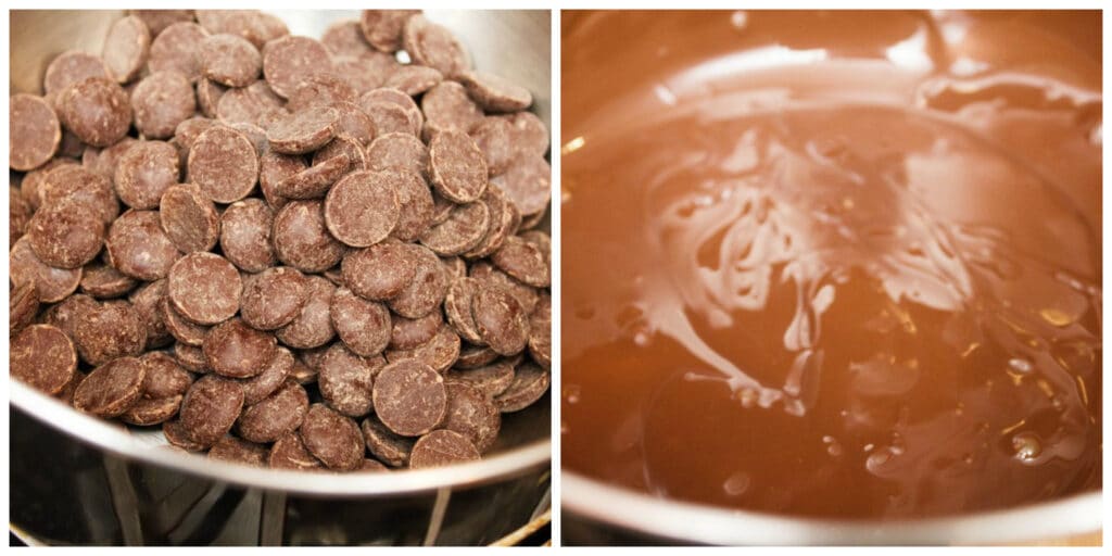 One photo showing chocolate chips in a double boiler and another showing chocolate all melted in pot.