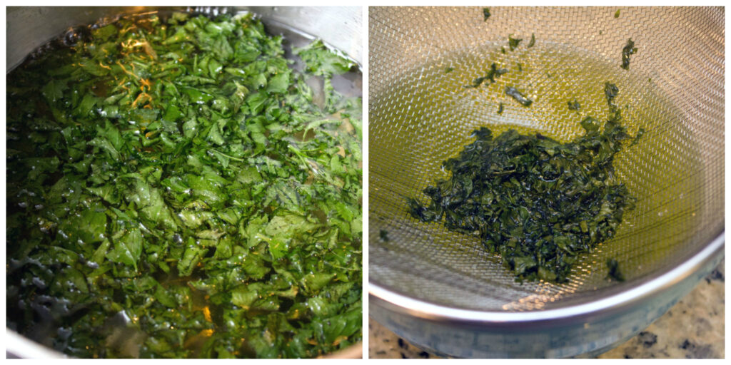 Collage showing process for making chocolate mint simple syrup, including chopped chocolate mint simmering in sugar and water and chocolate mint being strained out of mixture