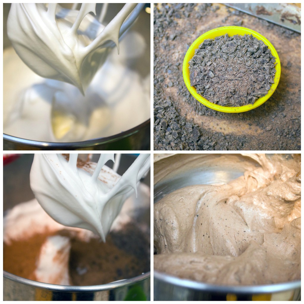 Collage showing process for making s'mores pavlova, including whipping egg whites, mixing whipped egg whites with cocoa, chopping chocolate, and mixing egg whites with chocolate mixture