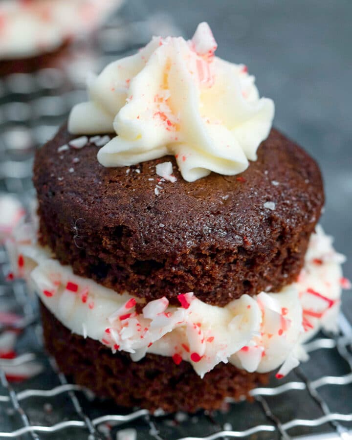 Chocolate Peppermint Cupcakes -- These Chocolate Peppermint Cupcakes are made with a rich and chocolatey cupcake and a festive peppermint frosting. Add a sprinkling of crushed candy canes and you'll instantly be in the holiday spirit! | wearenotmartha.com #cupcakes #peppermint #chocolatepeppermint #chocolatecupcakes #christmascupcakes