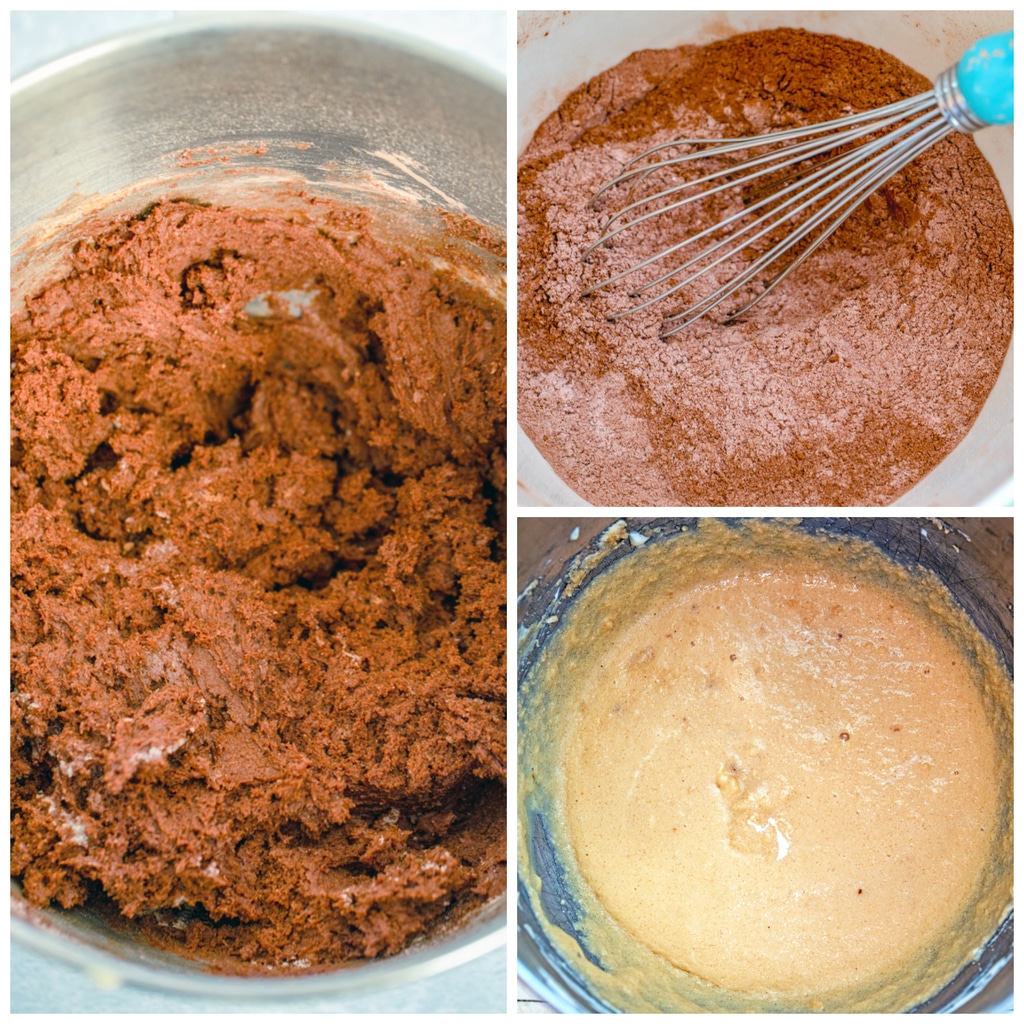 Collage showing dry ingredients being whisked together, wet ingredients in a bowl, and chocolate batter all combined in mixing bowl