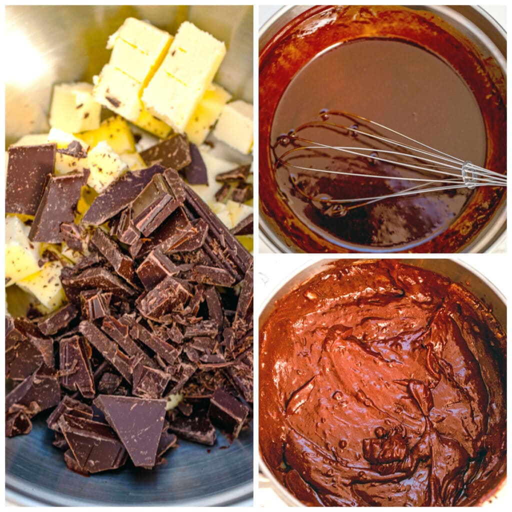 Collage showing chocolate and butter in saucepan, chocolate mixture melted in saucepan, and brownie batter in bowl